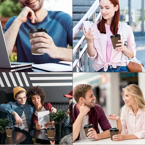 Miniatura 6 de LITOPAK Paquete de 80 tazas de café de papel de 10 onzas, tazas de café caliente con pared ondulada aislada con tapa y pajitas, tazas de tres capas