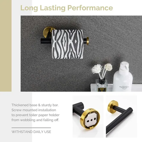 Miniatura 6 de Soporte de papel higiénico negro y dorado, colgador de papel higiénico de acero inoxidable para baño, dispensador de rollos de papel de tocador