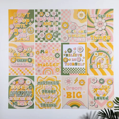 Miniatura 3 de Nezyo 12 pósteres retro Groovy para aula, diseño de flores hippie bohemias, decoración de tablón de anuncios, póster educativo para guardería