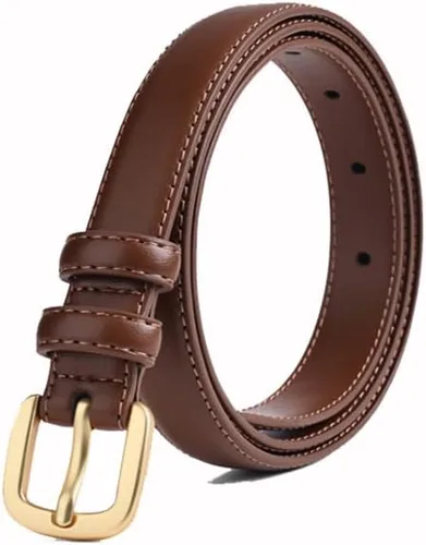 Cinturón de cuero fino para mujer, 0.906 in, para pantalones vaqueros, vestidos, color marrón, correa de cintura para mujer con hebilla dorada