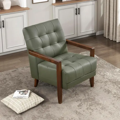 Miniatura 14 de Lexicon Silla decorativa moderna de lujo, silla de sala de estar de cuero genuino con cojines capitonados, estructura de madera maciza