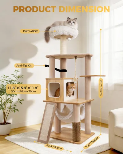 Miniatura 4 de Torre moderna de árbol para gatos de interior de 61 pulgadas, torre de escalada de lujo con salón de felpa, condominios para gatitos, hamaca