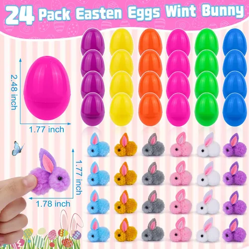 Miniatura 2 de Paquete de 24 rellenos de huevos de Pascua con conejito de Pascua de peluche con juguetes en el interior, mini animales de peluche de Pascua, huevos