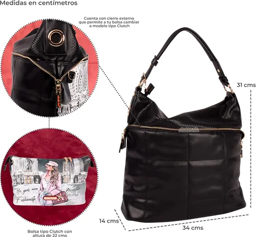 Miniatura 4 de Nicole Lee Sara is - Bolso de hombro grande suave pero fuerte, bolso de mano con tachuelas con adornos de diamantes negros con correa cruzada