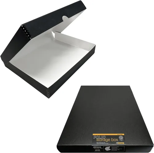 Miniatura 17 de Lineco 16x20 Caja de almacenamiento tipo folio negra con tapa, 1.75" de profundidad. Sin ácidos con borde de metal. Preserva la longevidad