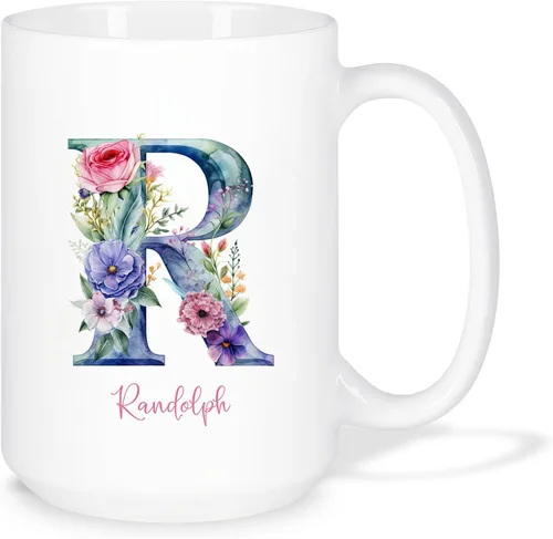 Miniatura 21 de Taza de café personalizada de la letra A del alfabeto, Taza de café blanca con nombre personalizado único, Taza inicial de monograma floral