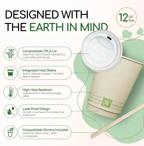Miniatura 4 de Living Balance - Tazas de café compostables certificadas con tapas, 12 onzas, paquete de 100 con agitadores y mangas integradas, resistentes