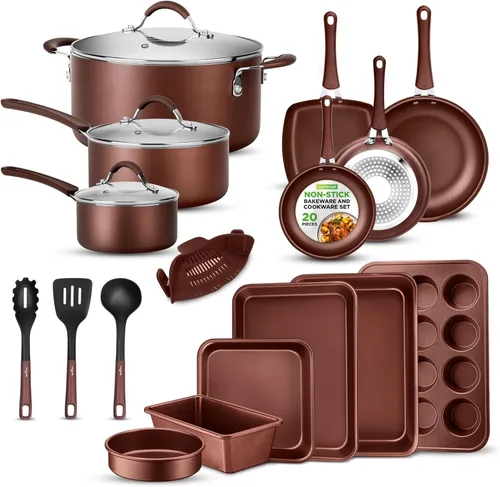 NutriChef Juego de ollas y sartenes de cocina, juego de utensilios de cocina básicos de alta calidad, antiadherentes (juego de 20 piezas)
