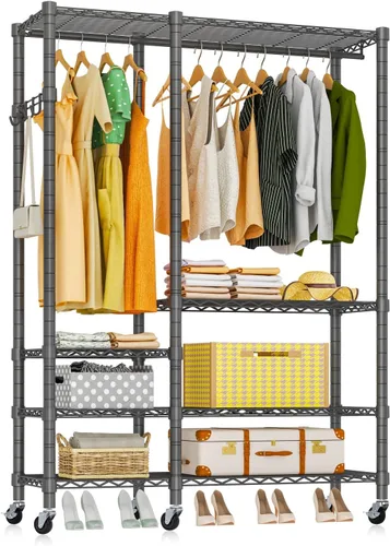 Miniatura 10 de Perchero de Ropa Resistente, 3 Niveles de Estantes de Alambre Metálicos Ajustables, Organizador de Armario y Perchero de Almacenamiento para Colgar