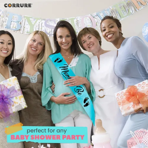 Miniatura 7 de CORRURE Baby Shower Mom to Be Faja para niño o niña – Hermosa cinta azul y texto de aluminio negro – Ideal para revelación de género, regalos