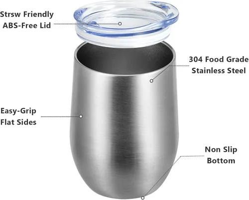 Miniatura 7 de MEWAY Vaso de vino sin tallo de 12 onzas con tapa, vaso de viaje de acero inoxidable con aislamiento de doble pared al vacío con popote