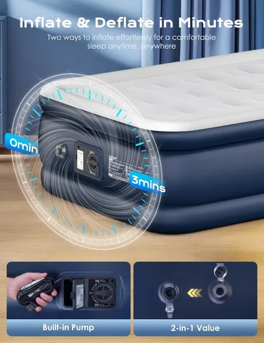 Miniatura 3 de Colchón de aire twin con bomba incorporada elevada, colchón inflable de 18 pulgadas de alto, colchón inflable eléctrico, cama de inflado rápido