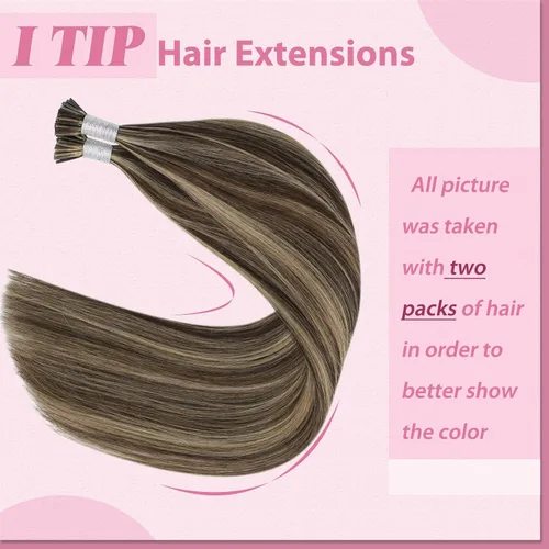 Miniatura 2 de YoungSee Itip - Extensiones de cabello humano con punta en I, color marrón, extensiones de cabello humano con punta en I, con mechas marrón oscuro