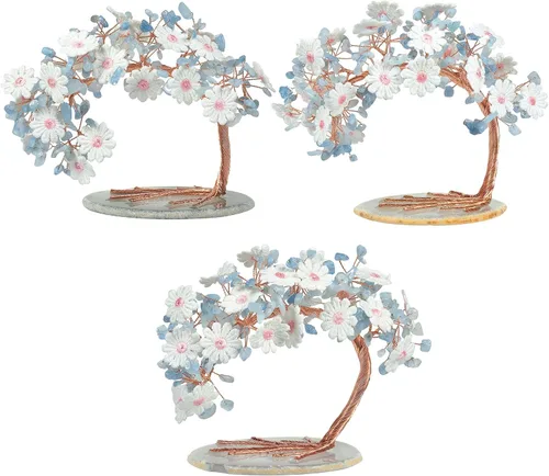 Miniatura 5 de mookaitedecor Árbol de cristal aguamarina natural con base de ágata, árbol de dinero floral de encaje bordado para decoración de escritorio
