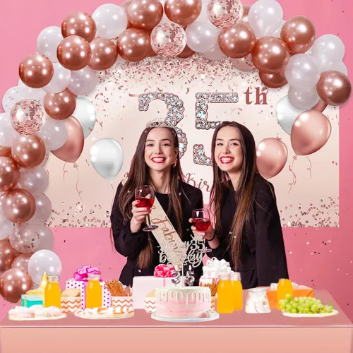 Miniatura 8 de Trgowaul Juego de globos decorativos de cumpleaños número 35, arco de mujer, pancarta de cumpleaños número 35 de oro rosa y mantel de fiesta