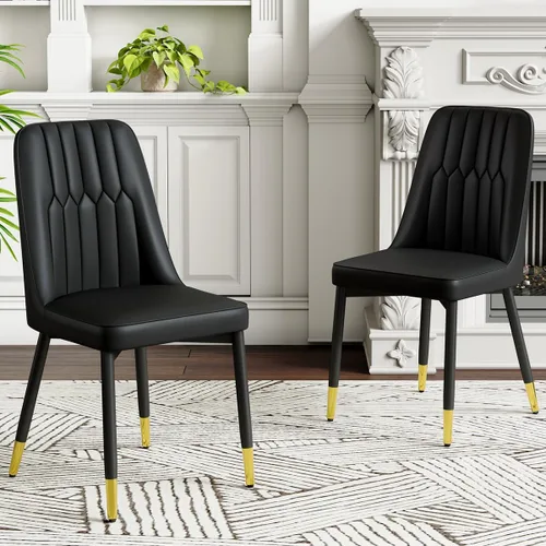 Juego de 2 sillas de comedor modernas, sillas de comedor de piel sintética con cojín grueso y patas de metal, sillas de cocina negras para comedor y