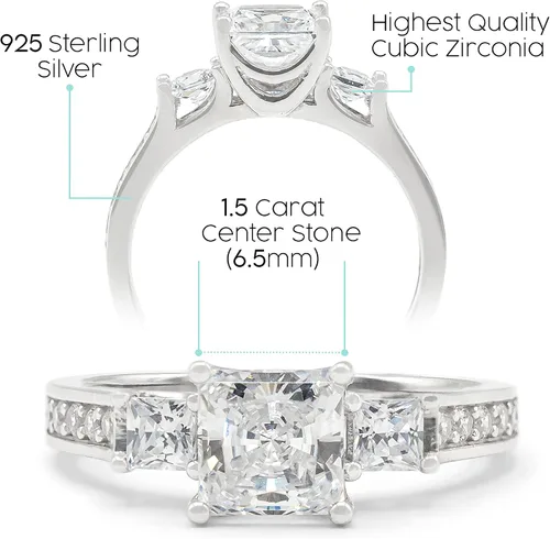 Miniatura 4 de Anillo de compromiso de plata esterlina 925 con 3 circonias cúbicas - corte princesa con piedras laterales