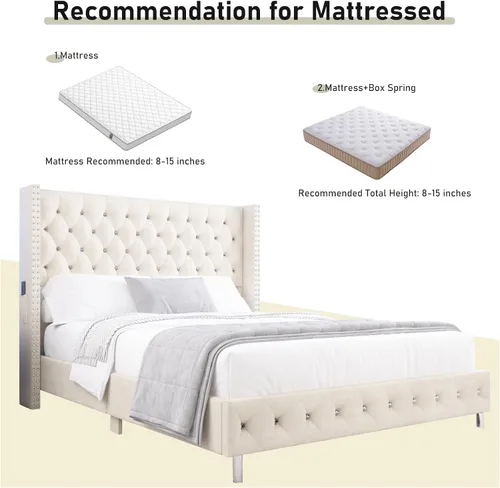 Miniatura 4 de Hlivelood - Marco de cama Queen LED tapizado con cabecera de respaldo, marco de cama tapizado con botones de diamante de terciopelo con puertos USB