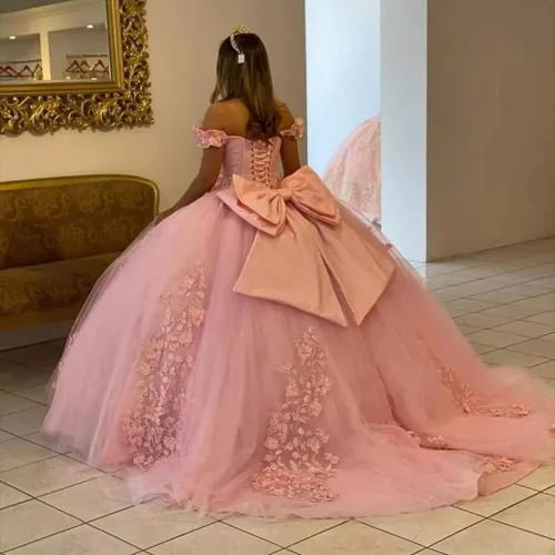 Miniatura 3 de Loyeloy Vestidos de quinceañera con hombros descubiertos para niñas, vestidos de fiesta hinchados con flores 3D para adolescentes, vestidos