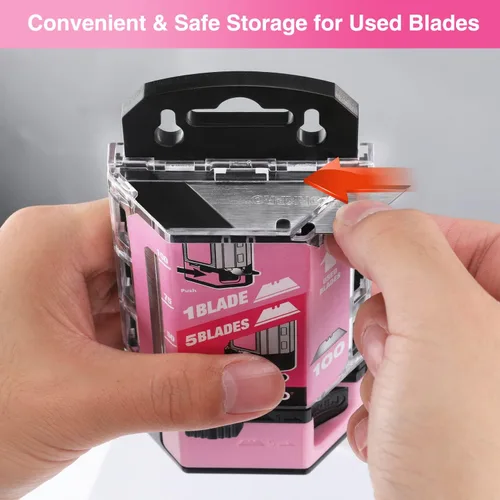 Miniatura 7 de WORKPRO Cuchillas para cuchillos utilitarios, paquete de 100 cuchillas de repuesto con dispensador, acero al carbono SK5, cinta rosa