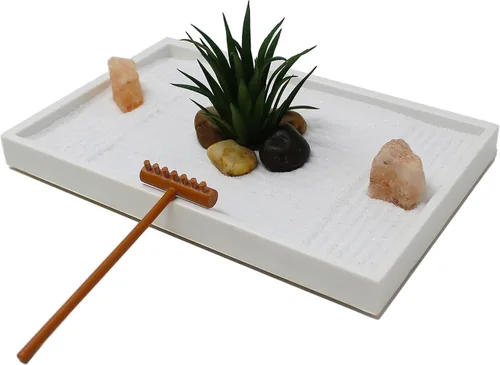 Miniatura 4 de Kit de jardín zen mini de Nature's Mark para escritorio con arena blanca, rastrillo, base blanca, roca de sal y planta aérea (hexágono)