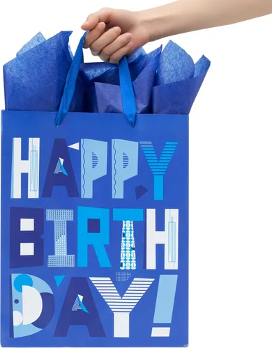 Miniatura 6 de wishinside Juego de bolsas de regalo azules grandes de 13 pulgadas con tarjeta de felicitación y papeles de seda (feliz cumpleaños azul) para fiesta