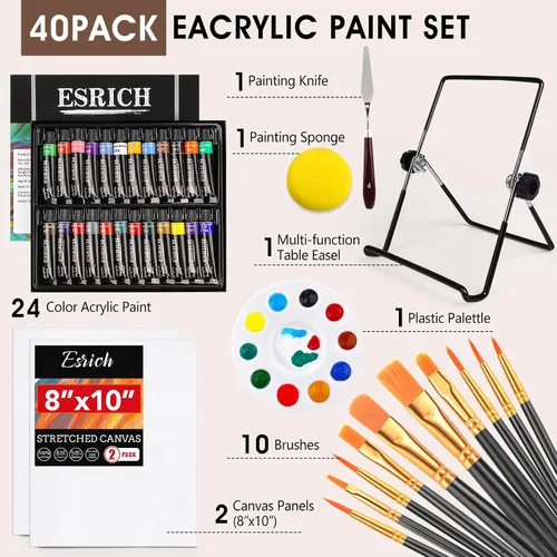 Miniatura 2 de ESRICH Juego de 40 piezas de pintura acrílica, kit de suministros de pintura artística con 24 pinturas, 2 paneles de lienzo, 10 pinceles, caballete
