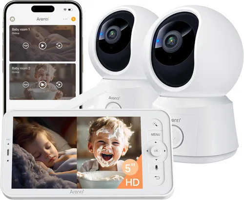 ARENTI Monitor de bebé 2 cámaras, cámara inteligente para bebé con pantalla inalámbrica de 5 pulgadas, visión nocturna super, sensor de temperatura,