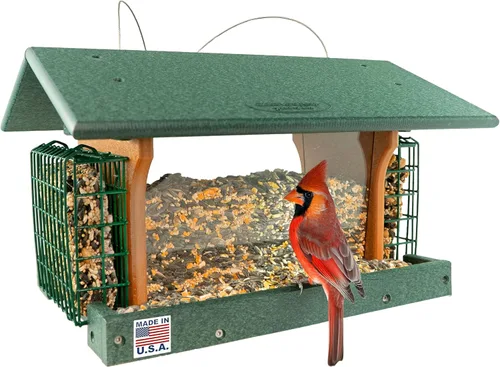 Miniatura 11 de DutchCrafters Comedero colgante de polietileno para pájaros con dos jaulas de soporte para tartas de sebo; alimentador de pájaros duradero