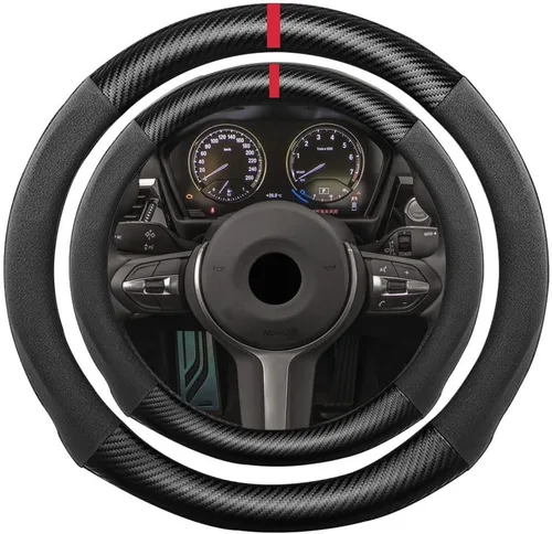 Miniatura 61 de Funda de volante de ante con fibra de carbono de K LAKEY, compatible con Porsche 718 Boxster Cayman 911 Panamera Macan Cayenne de 15 pulgadas, cuero