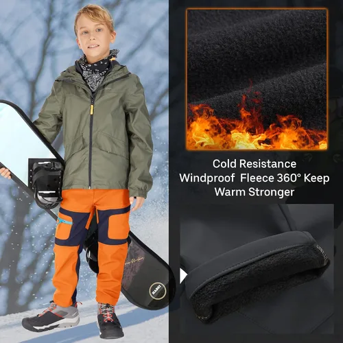 Miniatura 11 de linlon Pantalones impermeables para la nieve para niños y niños, forro polar lind para senderismo, softshell, cálidos, con aislamiento térmico