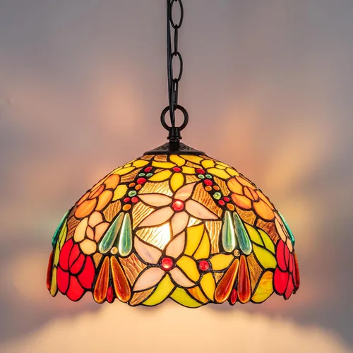 Miniatura 13 de Lámpara Colgante de Vidrio Emplomado Estilo Tiffany con Enchufe, 12" de Ancho Diseño de Glicinia Lámpara Colgante, Cadena de 60 Pulgadas Cable de 15