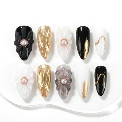 Miniatura 38 de Sun&Beam Nails Dije hecho a mano de almendra media larga con diseño de diamante de color nude, lindas puntas de uñas postizas, 10 unidades (#99 S)