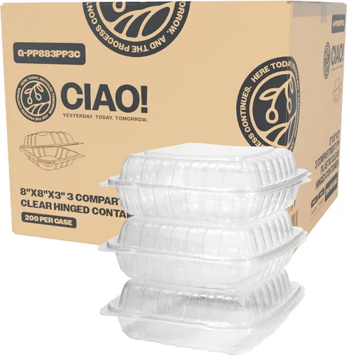 Miniatura 17 de CIAO! Contenedor blanco con bisagras MFPP de 9"x9"x3" con tapa 1 compartimento (caja de 150)