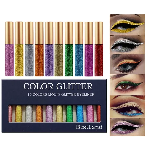 BestLand - Delineador de ojos con purpurina líquida, 10 colores metálicos brillantes con purpurina, sombra de ojos pigmentada, brillo para cejas,