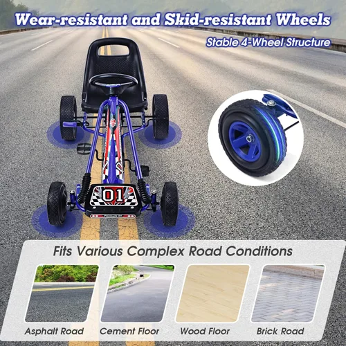 Miniatura 5 de HONEY JOY Go Kart para Niños, Cuadriciclo de 4 Ruedas Todoterreno con Pedales Go Cart con Volante y Asiento Ajustable, 2 Frenos de Seguridad, Azul