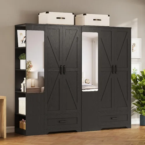 Miniatura 9 de LIKIMIO Armario Armario de 70 pulgadas, gran almacenamiento con espejo, 2 puertas, cajón y estantes, moderno dormitorio independiente de madera Negro
