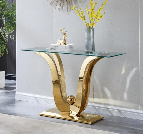 Miniatura 64 de SSLine Mesa auxiliar de cristal de lujo para sala de estar, mesa auxiliar moderna dorada con base de pedestal de acero inoxidable en forma de flor