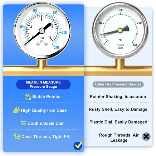 Miniatura 6 de MEANLIN MEASURE Medidor de presión en seco de 0 ~ 240Psi Hierro Niquelado 1/4 "NPT 2" Face Dial WOG Agua Aceite Aire Centro Montaje Trasero