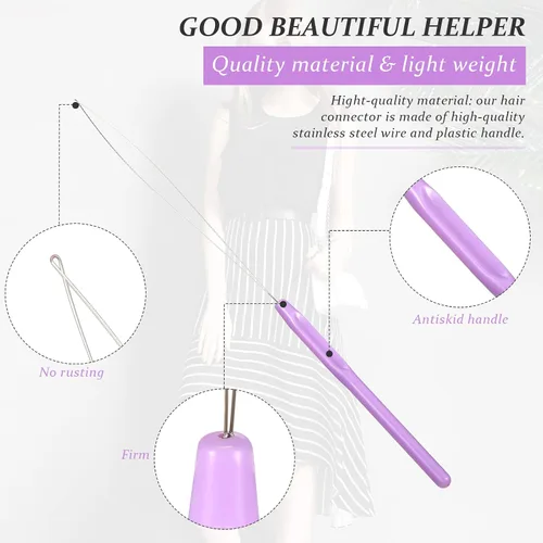 Miniatura 7 de 10 piezas de extensión de cabello, enhebrador de aguja de bucle, herramienta de gancho para tirar y dispositivo de cuentas, enhebrador de bucle