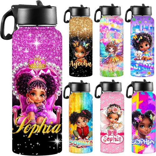 Miniatura 33 de Botellas de agua personalizadas para niñas, de acero inoxidable con aislamiento de doble pared con pajita, botella de agua de color degradado