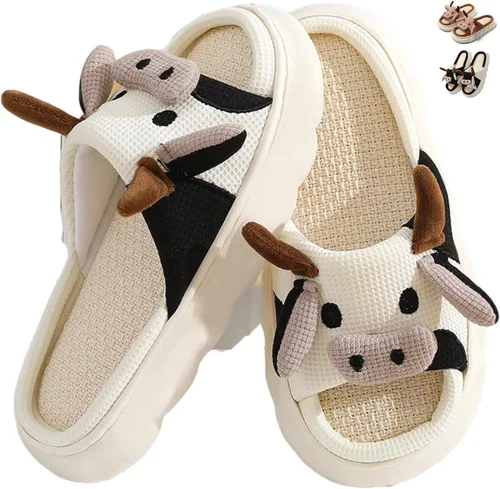Pantuflas de vaca para mujeres y hombres, pantuflas de interior para el hogar, bonitas pantuflas de animales de felpa mullidas, zapatos de