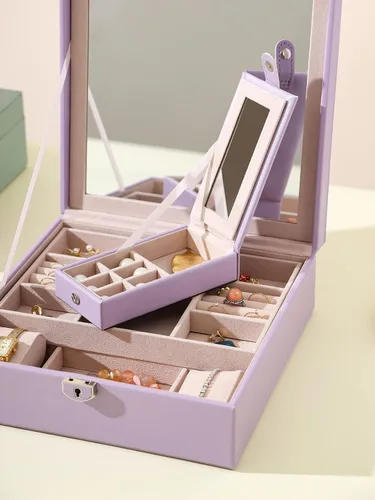 Miniatura 5 de AOSIFIEL Joyero con cerradura para organizador de joyas de viaje con espejo para mujeres, adolescentes y niños, estuche de joyería de escritorio