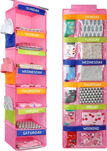 Miniatura 7 de Woanger Organizador semanal de ropa colgante para niños, 2 unidades, 11.8 x 11.8 x 48 pulgadas, estante para actividades diarias, organizador
