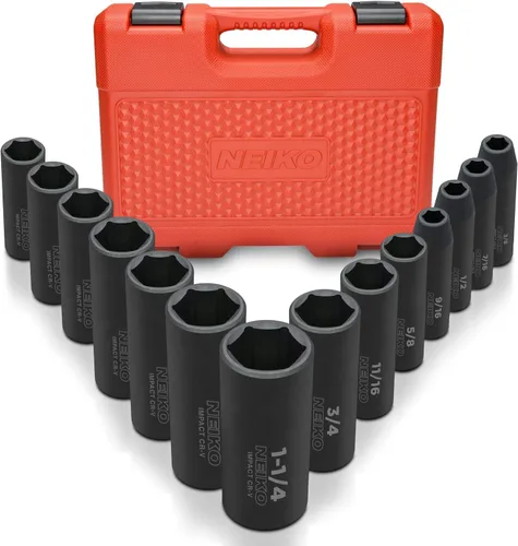 Neiko 02476A - Juego de cubos de impacto de 1/2 pulgadas, 14 piezas, 6 puntos, estándar, tamaños SAE (3/8 a 1-1/14 pulgadas), acero Cr-V, juego de