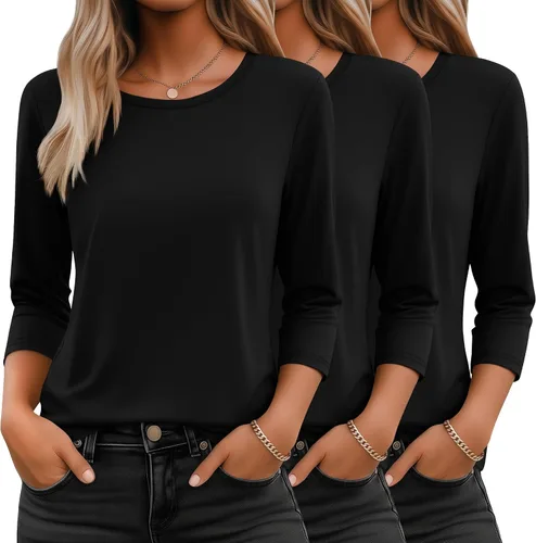 Miniatura 8 de Ficerd Paquete de 3 camisetas de manga 3/4 para mujer, cuello redondo, camisetas básicas elegantes, casuales, modernas, holgadas