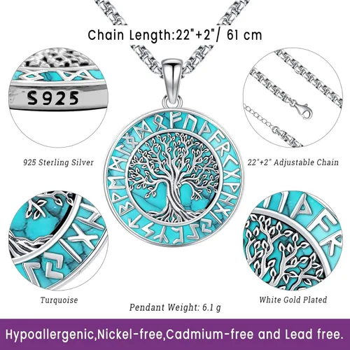 Miniatura 10 de Joyas de turquesa para mujeres y hombres de plata de ley 925 con colgante de urna para cenizas, collar con medallón de imagen, martillo de Thor