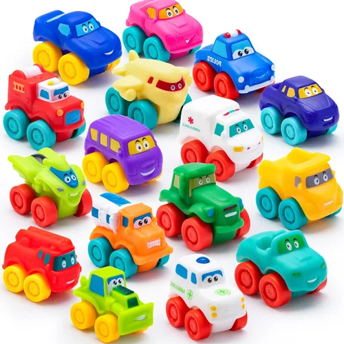 JOYIN Coches de dibujos animados, juego de autos de juguete de goma suave, mini vehículos, auto de juguete de baño para niños pequeños, gran regalo
