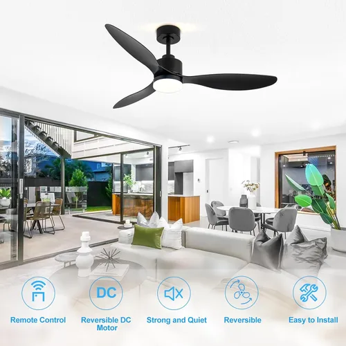 Miniatura 2 de Ventilador de techo de 52 pulgadas con luces y control remoto, motor CC silencioso, 3 aspas reversibles, 6 velocidades, ventilador de techo Negro