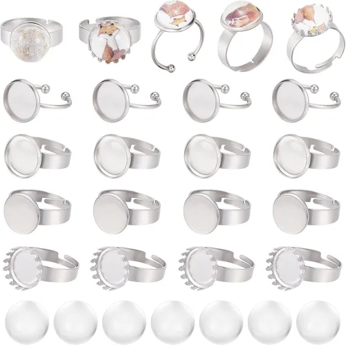 Miniatura 13 de SUNNYCLUE Anillo de dedo, base de anillo ajustable en blanco, media redonda, base de cabujón plano, configuración de bandeja de bisel para kit